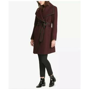 DKNY Belted Wool Blend Faux Black Leather Trim Coat Plum Purple Burgundy XL
